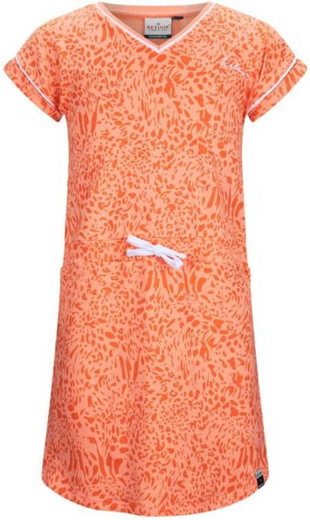 Retour Jeans jurk Rouen met all over print perzik Oranje Meisjes Stretchkatoen V-hals 134 140