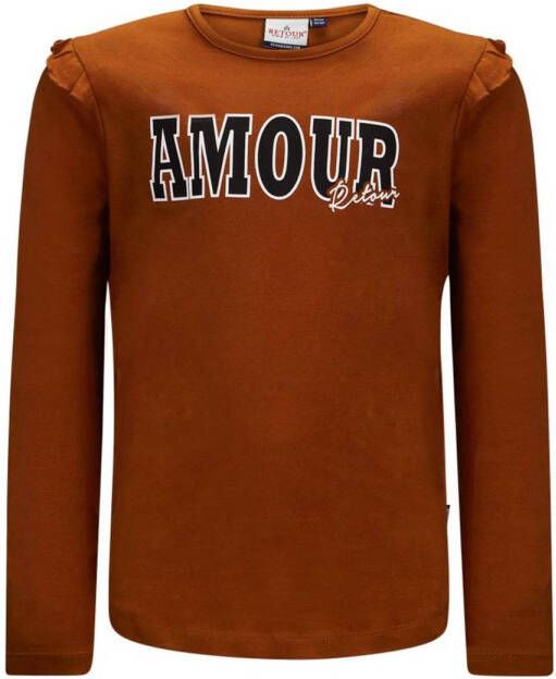 Retour Denim longsleeve Adar met tekst en ruches toffeebruin