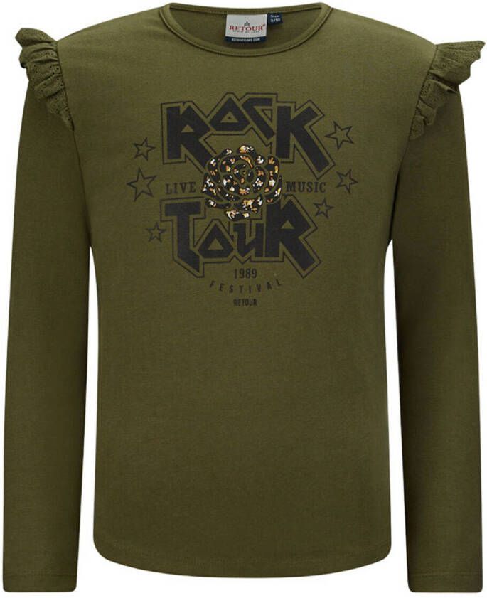 Retour Denim longsleeve met printopdruk en ruches kakigroen