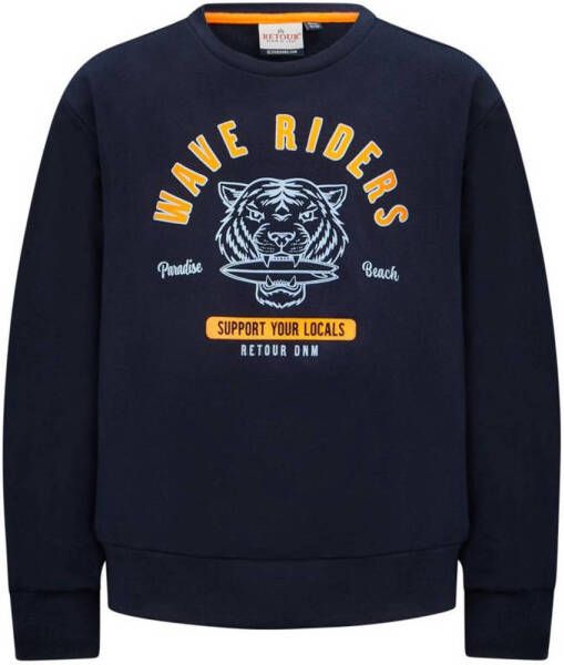 Retour Denim sweater Rider met printopdruk donkerblauw