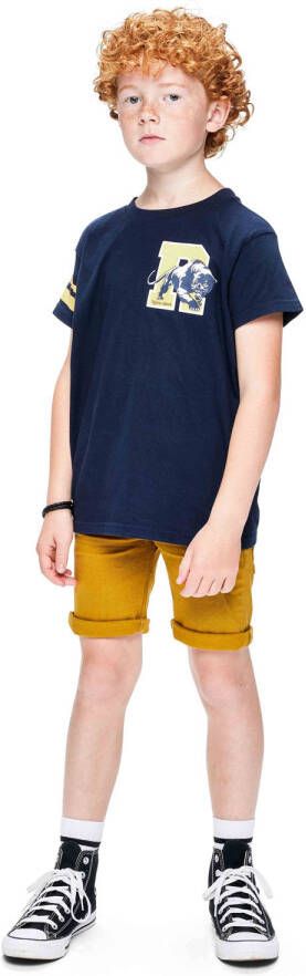 Retour Jeans T-shirt Pharrel met backprint donkerblauw geel Jongens Katoen Ronde hals 134 140