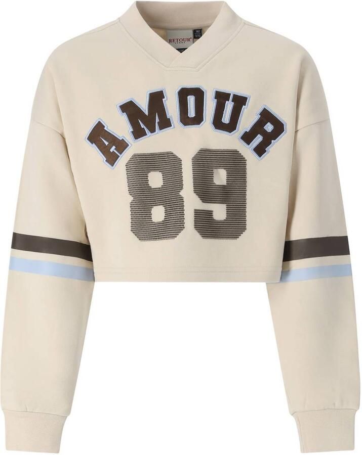 Retour Jeans boxy gestreepte cropped trui beige bruin blauw Sweater Streep