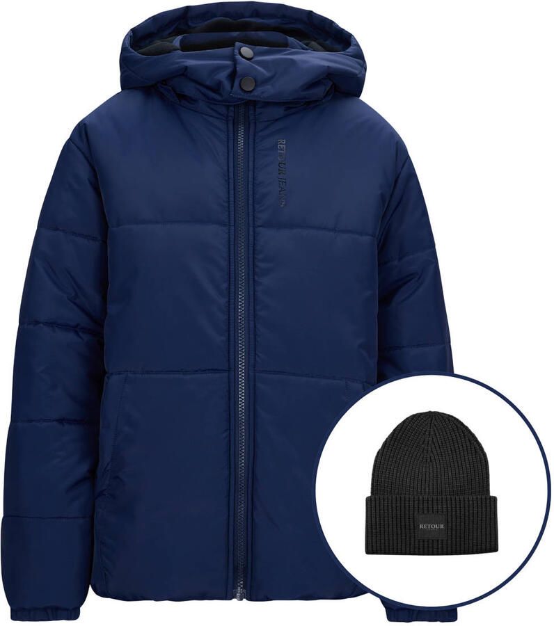 Retour Jeans gewatteerde jas donkerblauw + muts