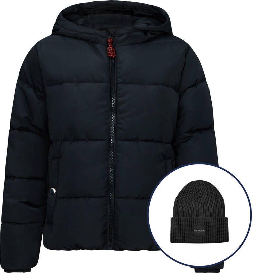 Retour Jeans gewatteerde jas zwart + muts