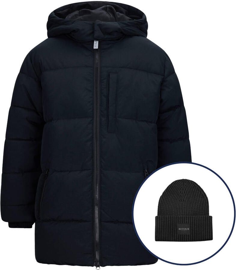 Retour Jeans gewatteerde jas zwart + muts