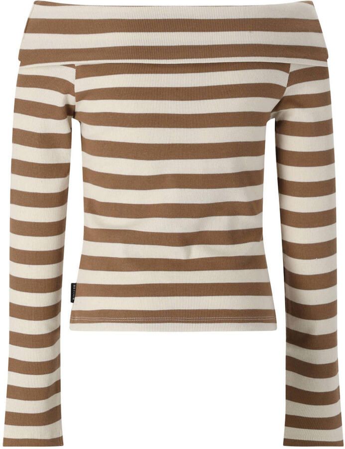 Retour Jeans off shoulder rechtvallende gestreepte top bruin ecru