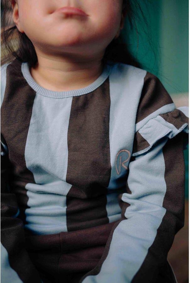 Riffle Amsterdam gestreepte sweater met ruches donkerbruin lichtblauw - Foto 3