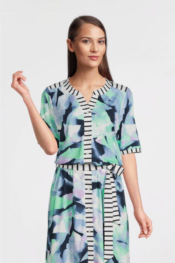 ROBERTO SARTO jurk met all over print en ceintuur blauw groen ecru