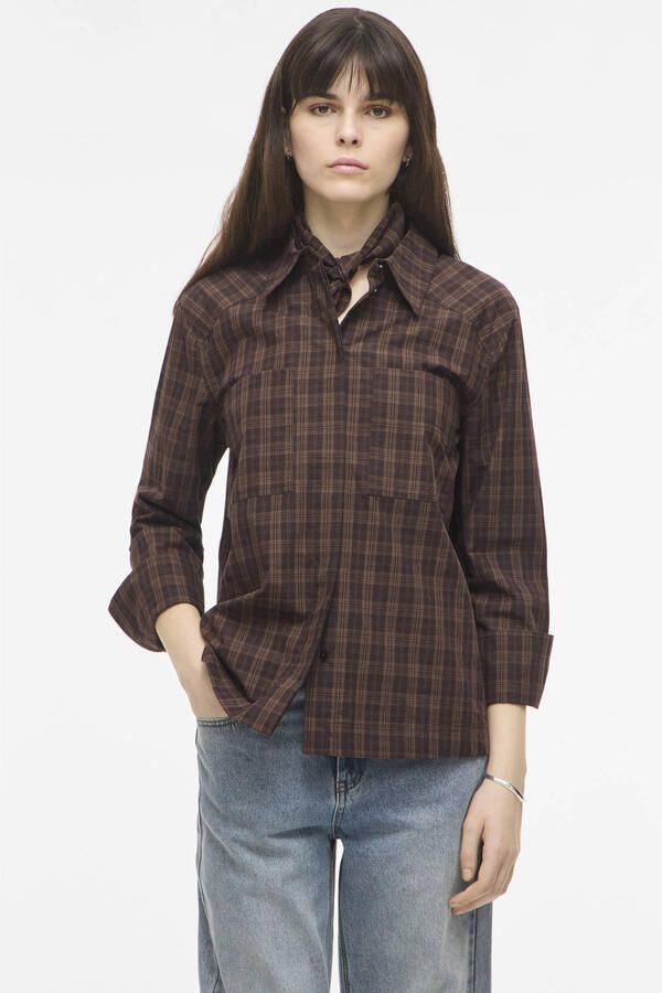 ROUGE EDIT geruite blouse donkerbruin