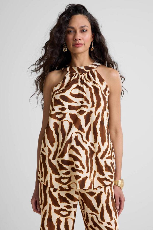 Ruby haltertop met zebraprint beige bruin