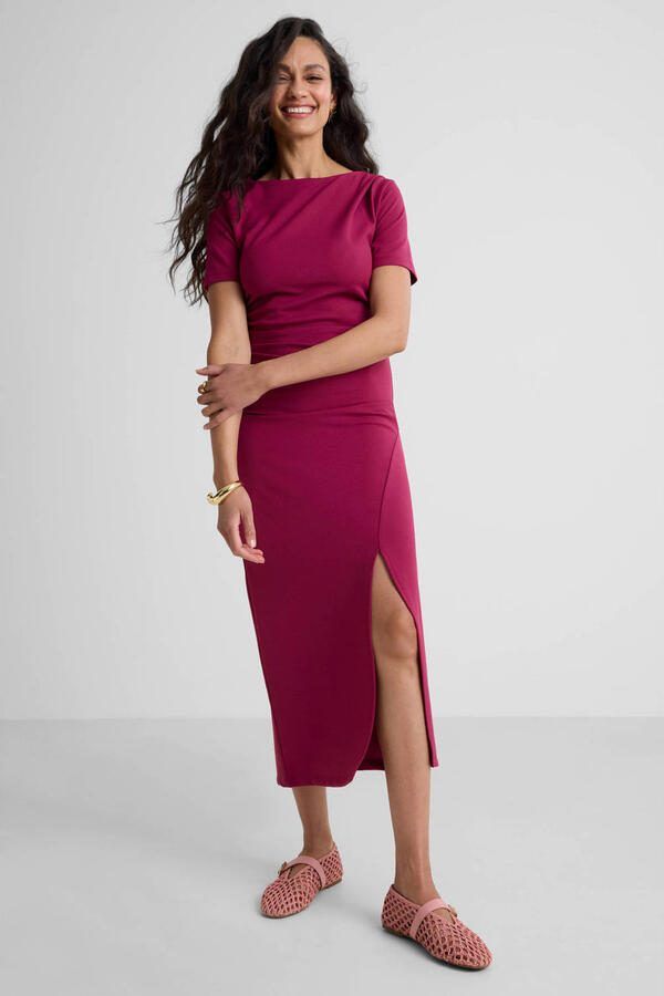 Ruby midi jurk met plooien detail wijnrood