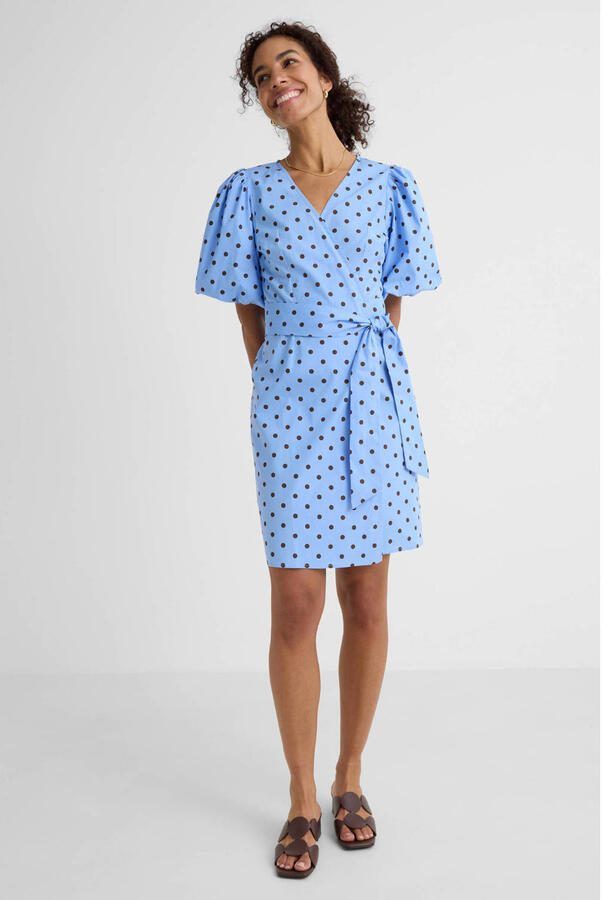 Ruby overslagjurk met pofmouwen blauw bruin