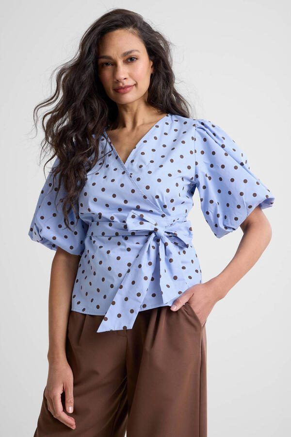 Ruby polkadot overslag top met pofmouwen blauw bruin