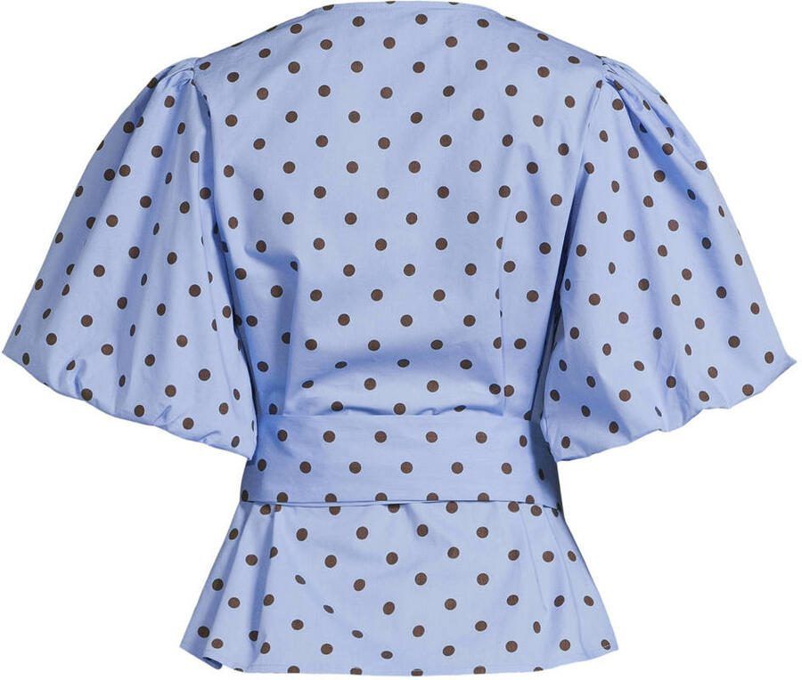 Ruby polkadot overslag top met pofmouwen blauw bruin - Foto 2