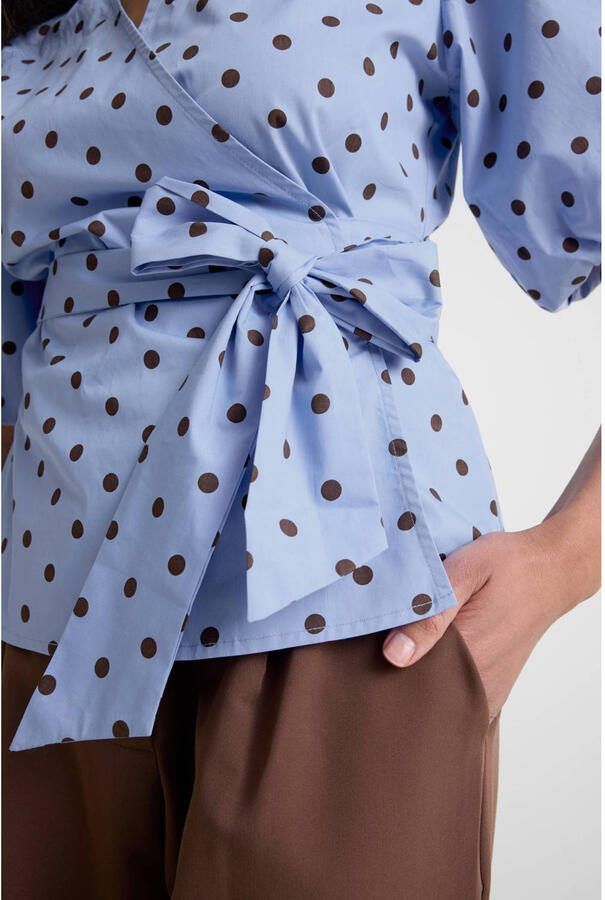 Ruby polkadot overslag top met pofmouwen blauw bruin - Foto 3