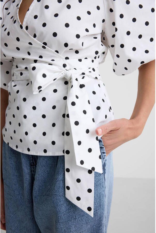 Ruby polkadot overslag top met pofmouwen zwart wit - Foto 3