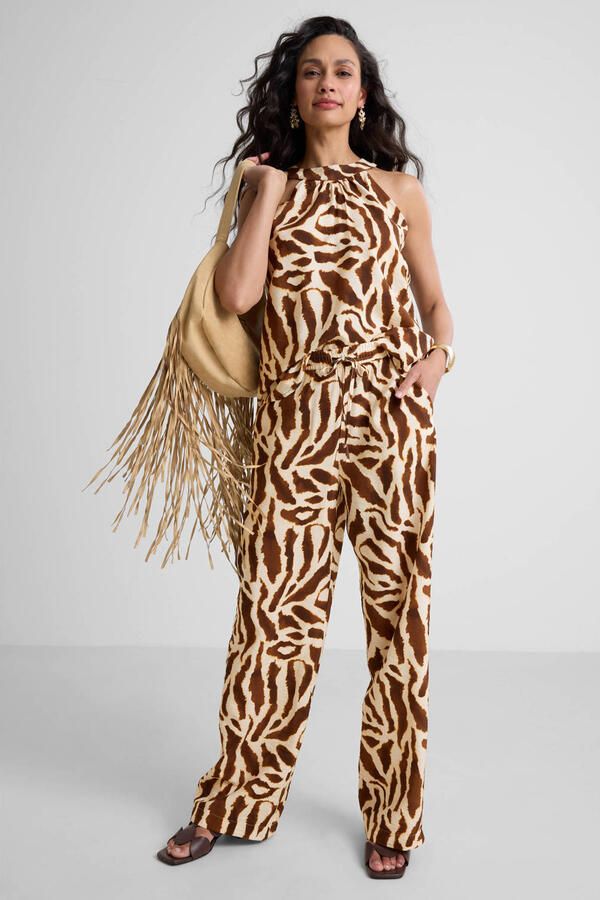 Ruby wide leg broek met zebraprint beige bruin