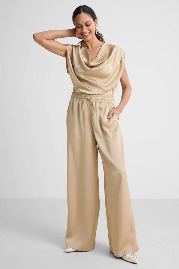 Ruby wide leg satijnen broek beige