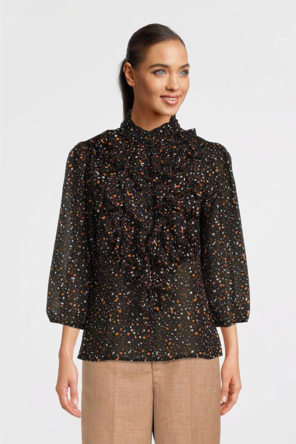 Saint Tropez blouse Lilja met all over print en ruches zwart bruin oranje