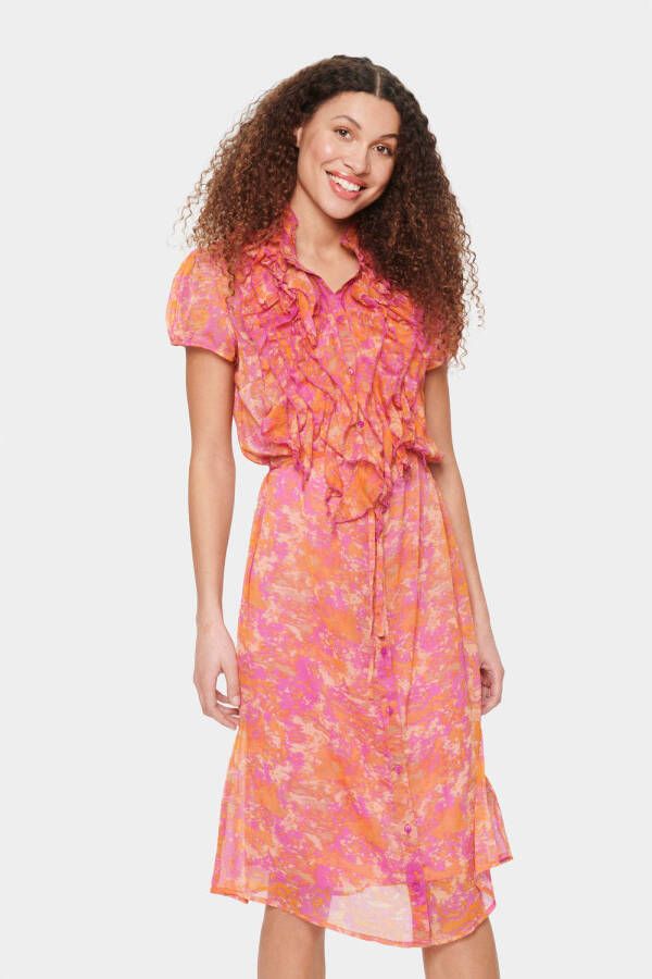 Saint Tropez blousejurk Lilja met all over print en ruches roze oranje