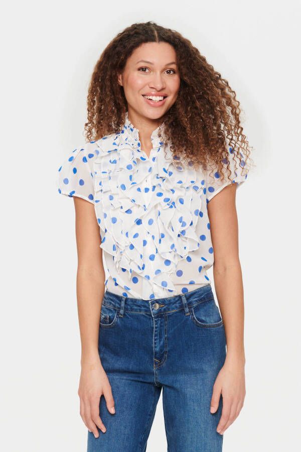 Saint Tropez geweven blouse Lilja met stippen en ruches wit blauw