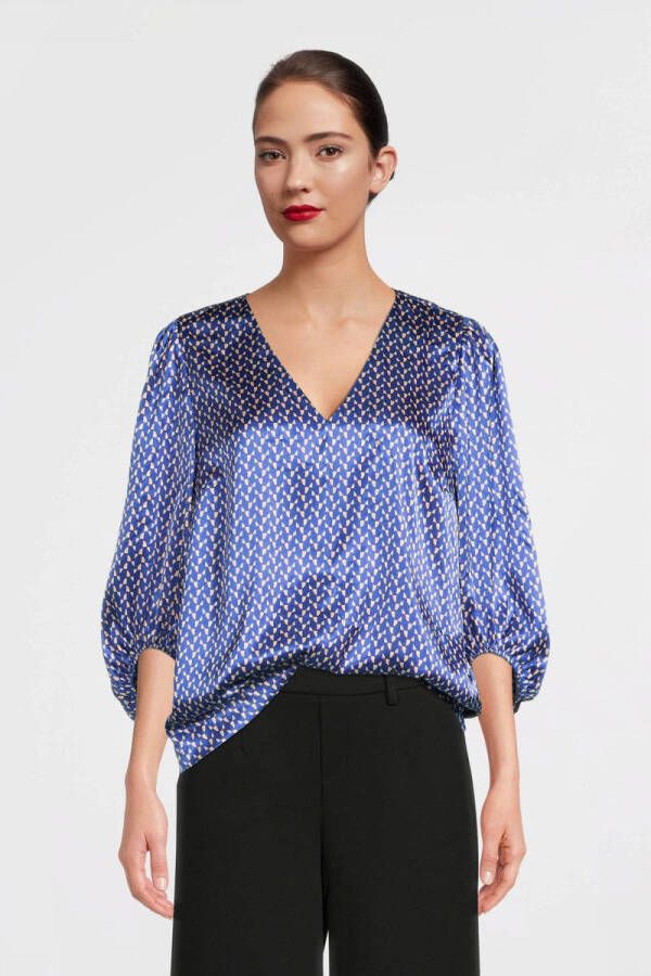 Saint Tropez geweven top Stella met all over print en plooien blauw beige
