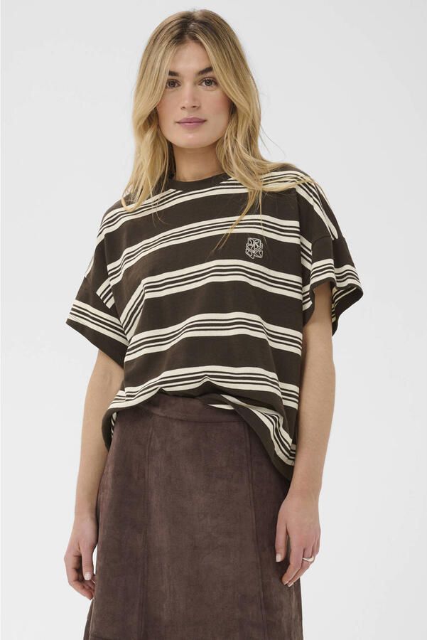 Saint Tropez boxy gestreepte top bruin ecru