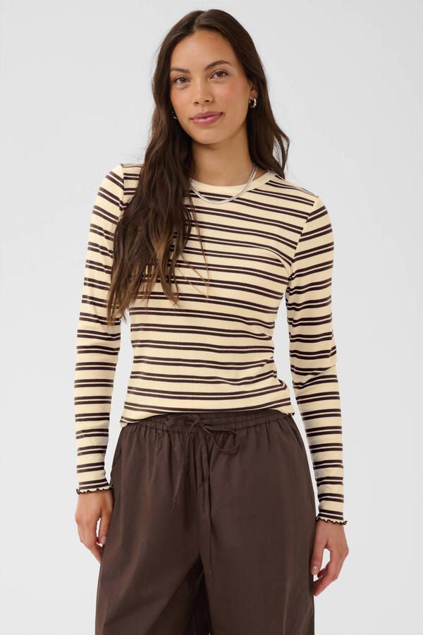 Saint Tropez gestreepte top met ruches lichtgeel bruin