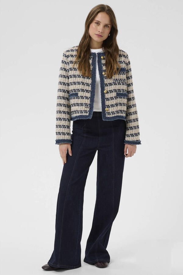 Saint Tropez tweed gestreept jasje met ruches zand blauw - Foto 3