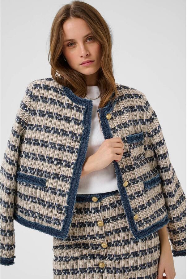 Saint Tropez tweed gestreept jasje met ruches zand blauw