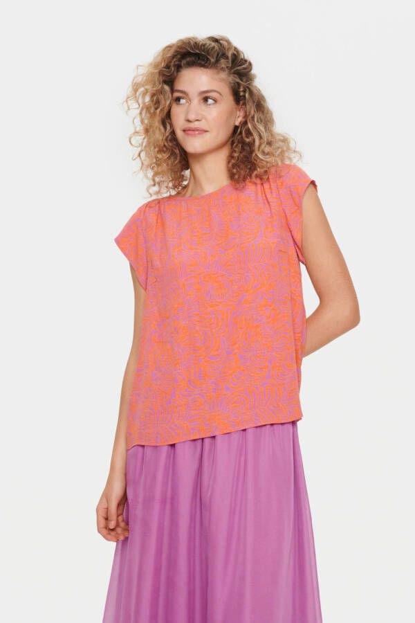 Saint Tropez top Blanca met all over print en plooien roze oranje