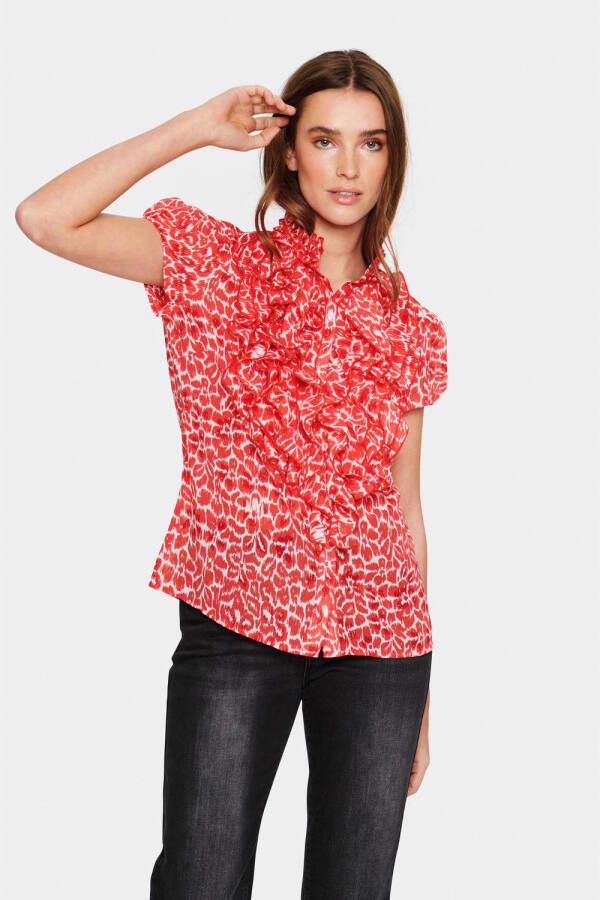 Saint Tropez semi-transparante top Lilly met all over print en ruches rood ecru