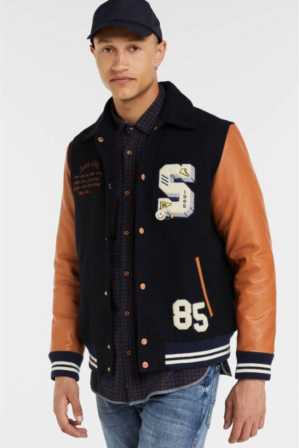 Scotch & Soda baseball jacket met wol en printopdruk blauw cognac - Foto 2