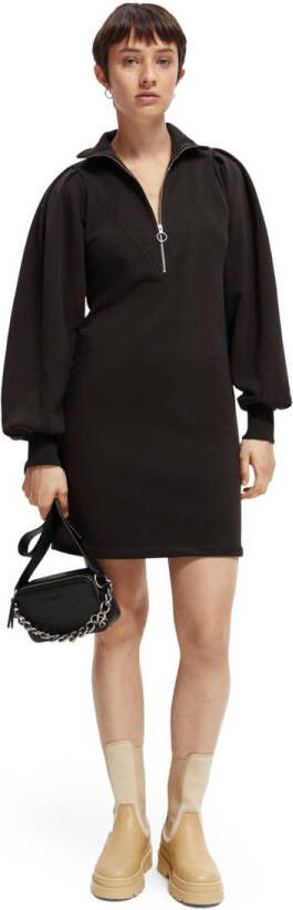 SCOTCH & SODA Dames Jurken Zipped Neck Sweat Dress With Puffed Sleeves Zwart