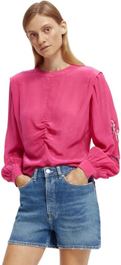 Scotch & Soda top Ruched waist blouse with extended shoulder met borduursels rood