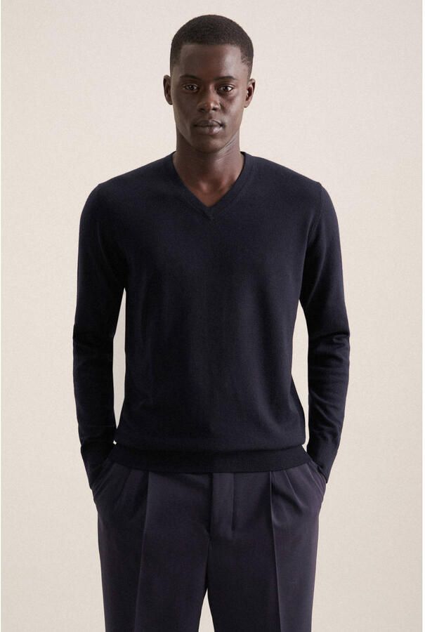 Seidensticker pullover met wol fijn gebreid donkerblauw