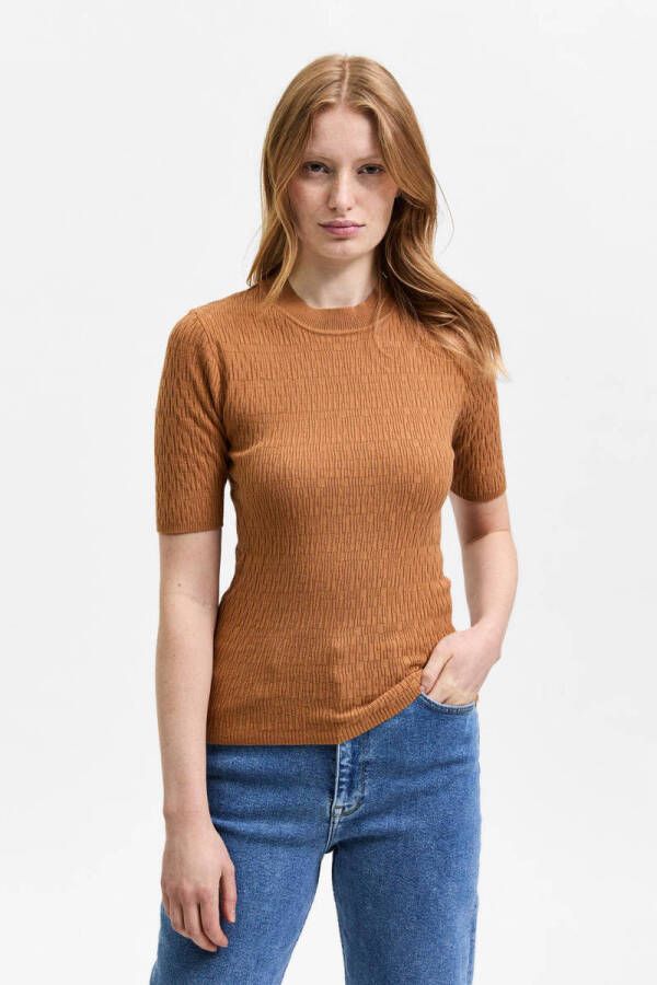 SELECTED FEMME fijngebreide trui SLFDARINA met textuur lichtbruin
