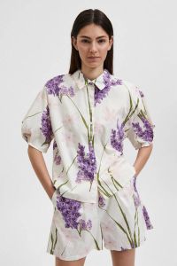 SELECTED FEMME gebloemde blouse van biologisch katoen ecru paars lichtroze groen