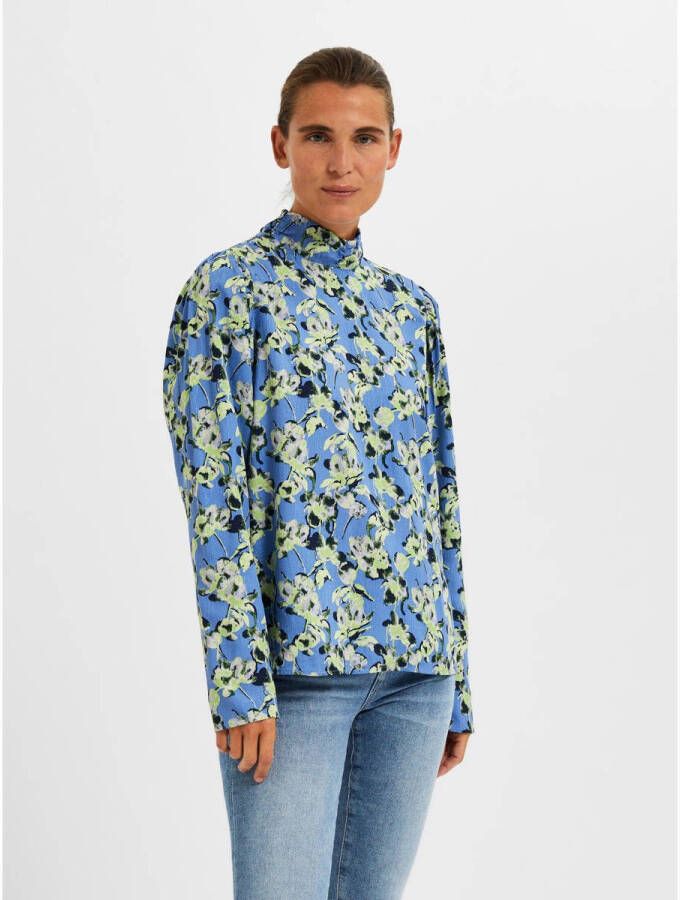 SELECTED FEMME gebloemde top SLFJANA lichtblauw lichtgroen
