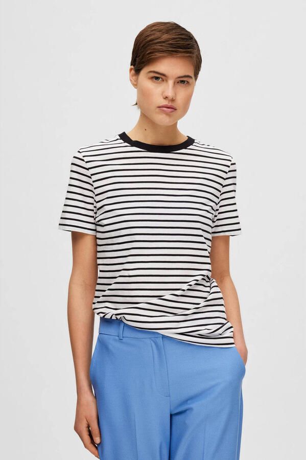SELECTED FEMME gestreept T-shirt SLFMYESSENTIAL van katoen zwart wit - Foto 1