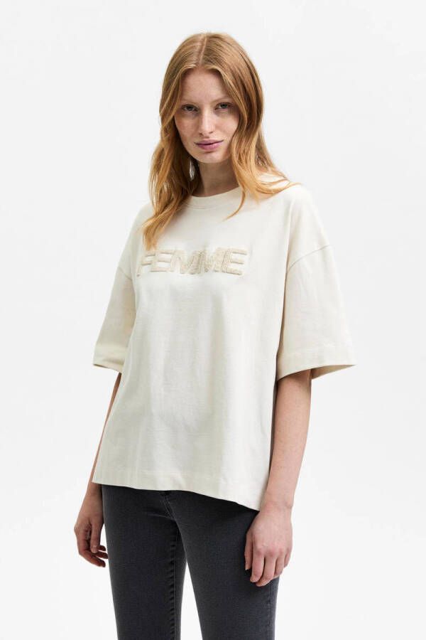 SELECTED FEMME T-shirt SLFPERNILLA met tekst ecru