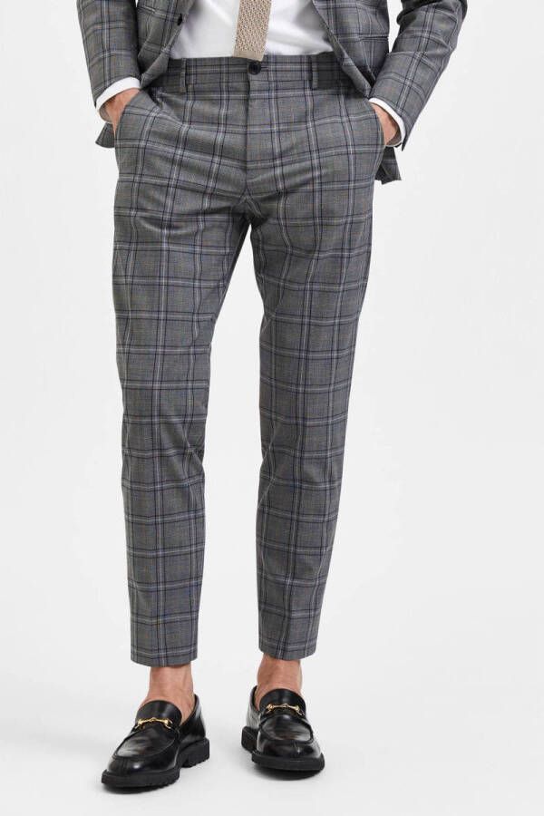 SELECTED HOMME geruite slim fit pantalon SLHJOSH van gerecycled polyester grey