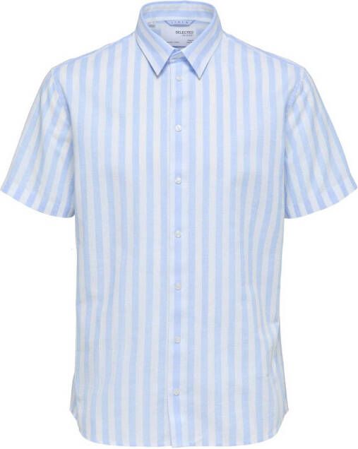 SELECTED HOMME Heren Overhemden Slhregnew-linen Shirt Ss Classic Blauw wit Gestreept