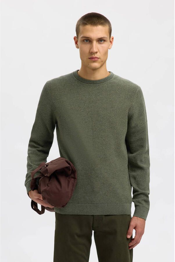 SELECTED MEN Heren Truien & Vesten Slhross Ls Knit Structure Crew Neck Noos Olijf - Foto 6