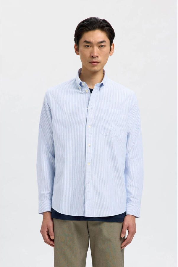 SELECTED HOMME gestreept regular fit overhemd SLHREGRICK-OX met katoen lichtblauw wit - Foto 3