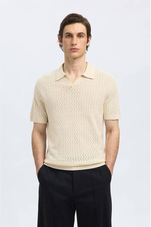 SELECTED HOMME Heren Polo's & T-shirts Shlino Ss Knit Crochet Open Polo Ecru - Foto 6