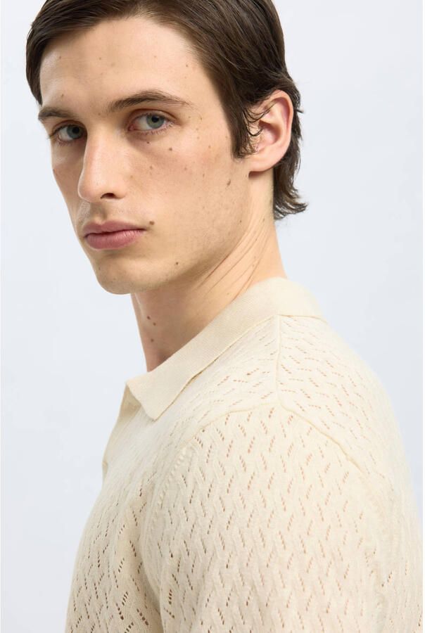 SELECTED HOMME Heren Polo's & T-shirts Shlino Ss Knit Crochet Open Polo Ecru - Foto 5