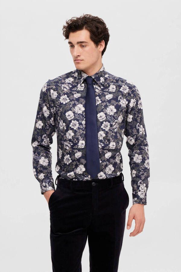 SELECTED HOMME slim fit overhemd SLHSLIMSOHO-ETHAN met all over print donkerblauw