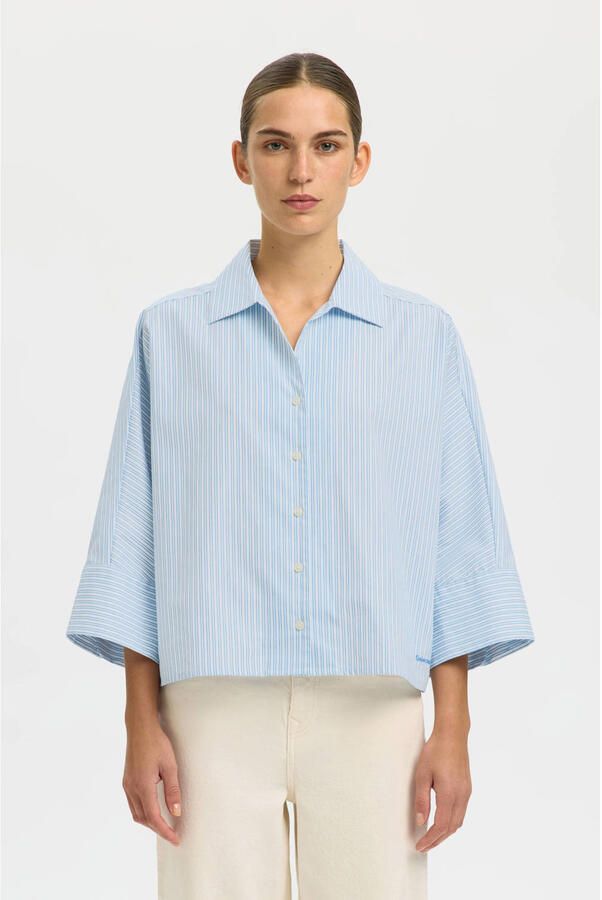 Selected blouse met krijtstreep lichtblauw