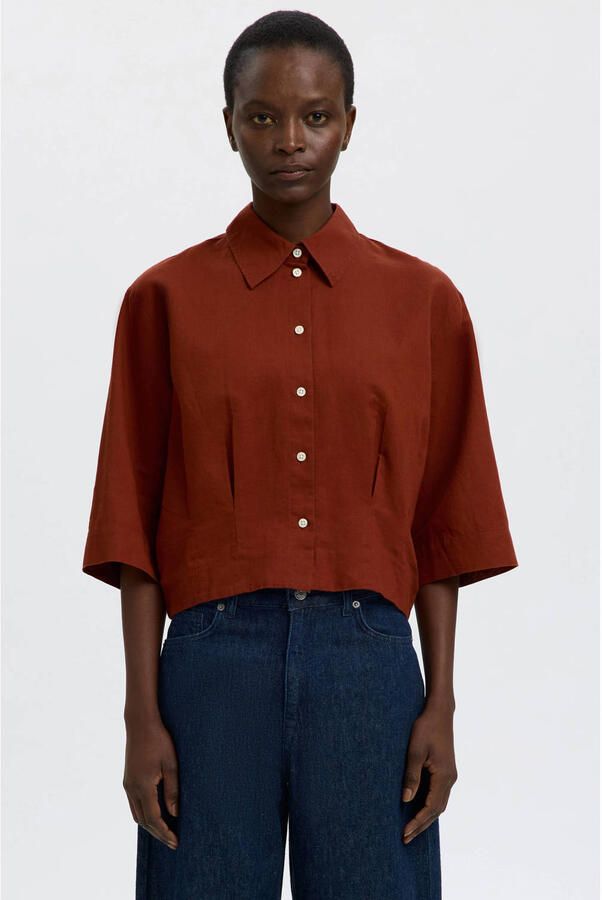 Selected blouse met linnen donkerrood